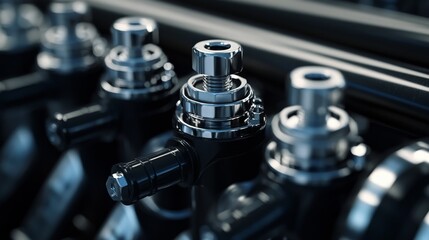 Naklejka premium Close-up of metallic fuel injectors showcasing details of an automotive engine component, highlighting precision and engineering.