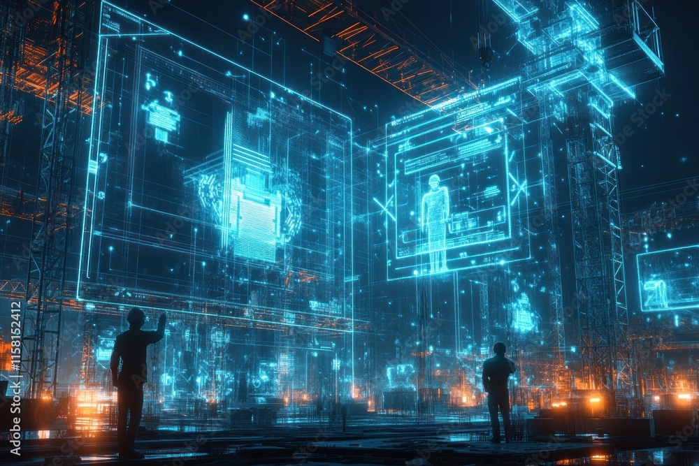 Poster futuristic construction site with holographic displays showing blueprints and worker schematics. wor