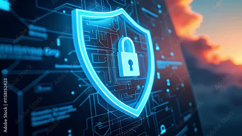 Aufkleber a digital shield symbolizing cybersecurity with a padlock on a tech-themed background.