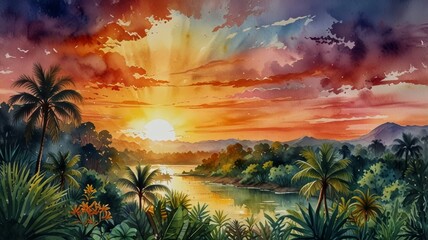 Naklejka premium Tropical River Sunset Vivid Watercolor Landscape