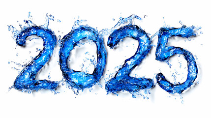 Water splashes form numbers 2025, creating vibrant and dynamic visual representation of upcoming year. blue tones evoke freshness and excitement