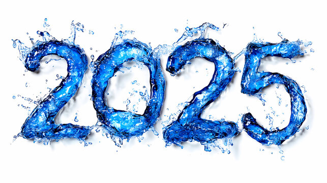 Water splashes form numbers 2025, creating vibrant and dynamic visual representation of upcoming year. blue tones evoke freshness and excitement