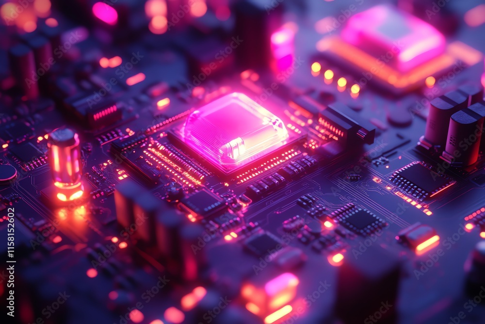Poster A close-up of a futuristic circuit board with glowing components and intricate details.