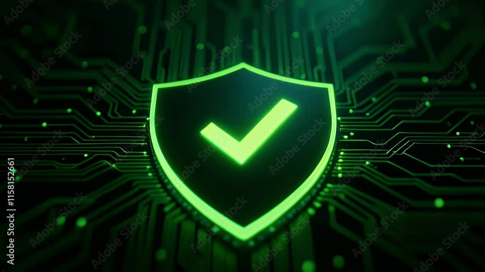 Poster a digital shield symbol with a check mark, representing security and protection in technology.