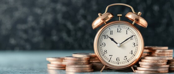 Impact of Economic Growth, Inflation and Monetary Policy on market trends concept. Vintage alarm clock on a stack of coins representing time and money management.