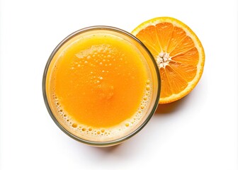 Panoramic Orange Juice Photography: Freshly Squeezed, Top View, Isolated White Background