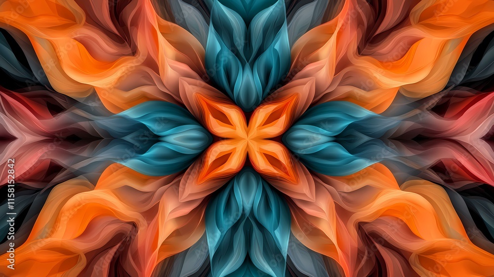 Poster the image contains an abstract symmetrical design featuring swirling, flowing shapes in shades of or