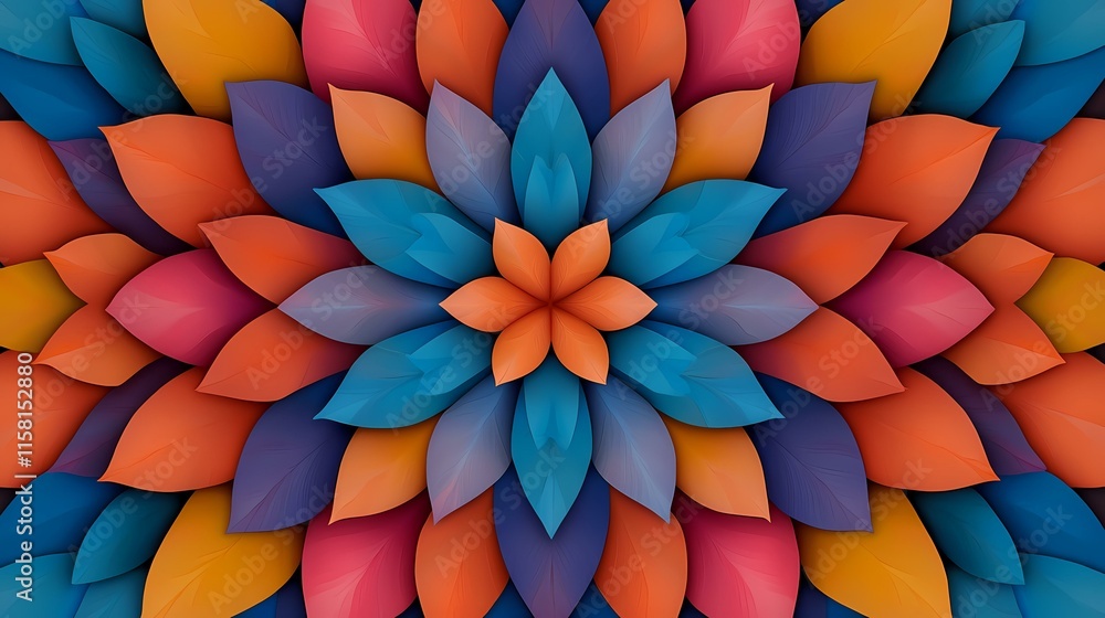 Poster the image contains a symmetrical design resembling a flower composed of overlapping, stylized leaves