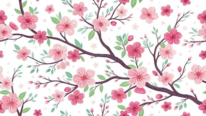 Seamless pattern with pink colorful flowers and branches, vibrant and decorative illustration.  