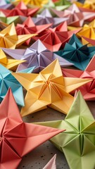 A beautiful array of meticulously crafted origami stars fills the workspace, showcasing various colors and styles. Participants enjoy the art of folding during a sunny afternoon.