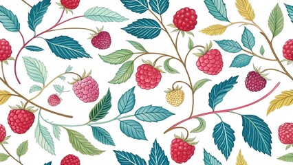  Illustration of raspberry and branches in a seamless pattern, colorful and playful.  