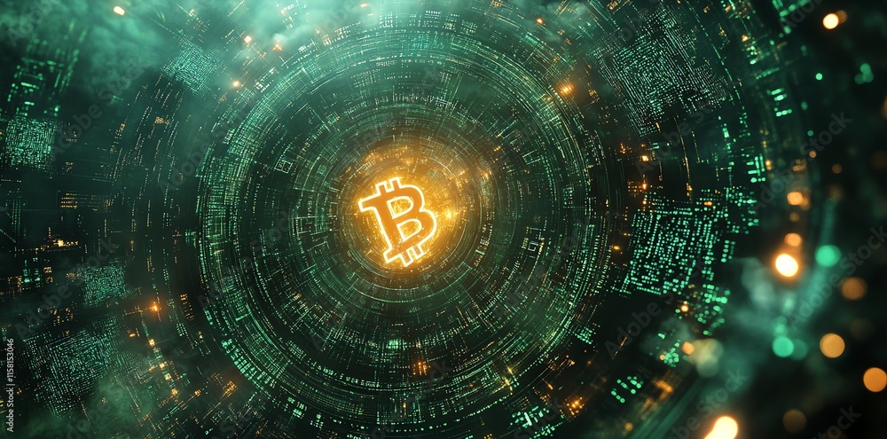 Poster a digital representation of bitcoin within a futuristic, tech-inspired environment.