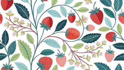 Illustration of strawberries and branches in a seamless pattern, colorful and playful.  