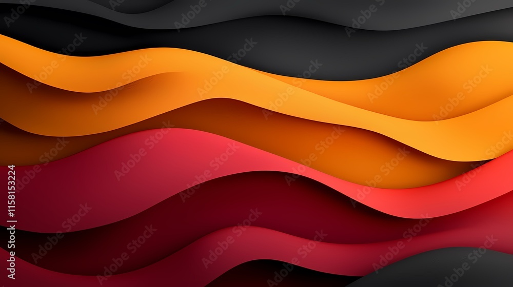 Poster the image contains overlapping wavy layers of dark gray, orange, and dark red. these layers create a