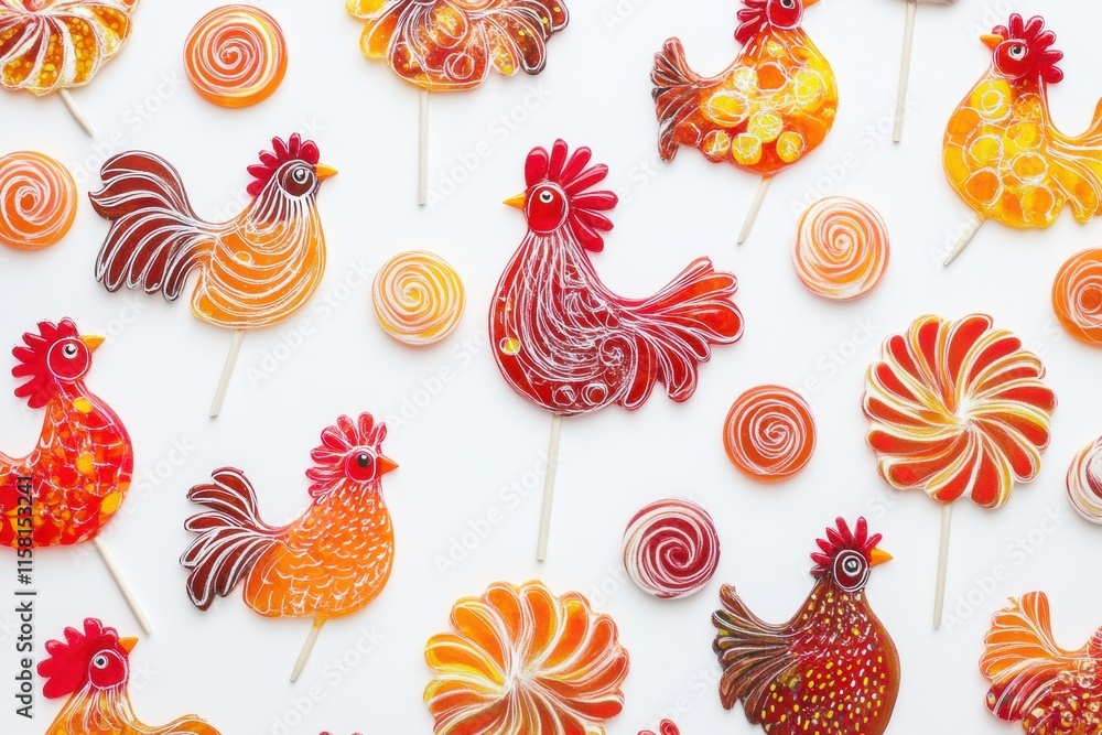 Poster vibrant rooster shaped lollipops scattered on a white background with space for text. generative ai