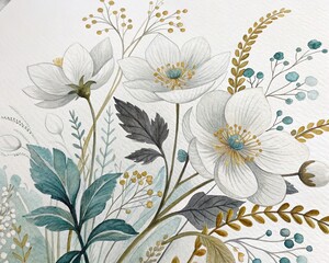 Fototapeta premium White flowers in light gray watercolor style, delicate art on a clean white background.