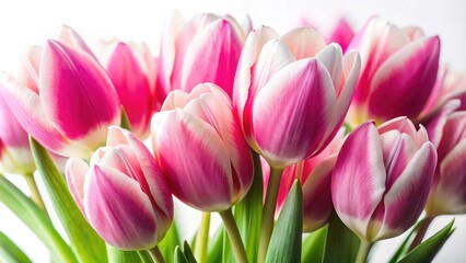 Pink and White Tulips Close Up, Isolated White Background, Spring Flowers, Floral Photography, Macro Photography, Beautiful Tulips