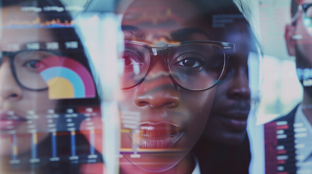 Diverse group of people with thoughtful expressions, surrounded by questionnaires and charts, symbolizing consumer survey insights and market research analysis.
