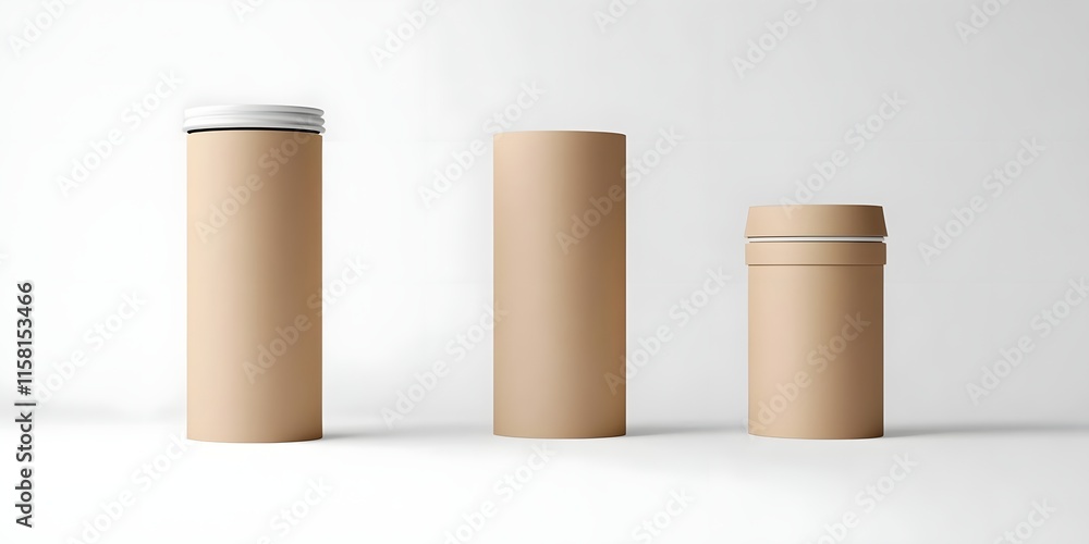 Poster three cylindrical containers with lids on a minimalistic background.