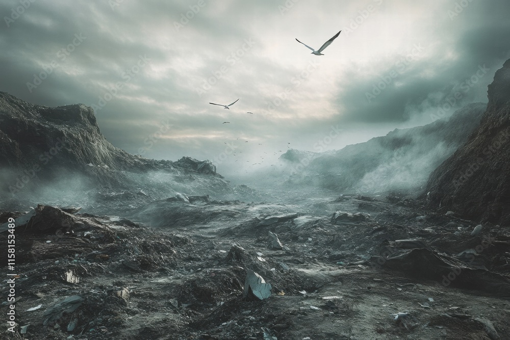 Poster Seagulls soaring above a massive landfill at dusk with vast open space for text placement. Generative AI