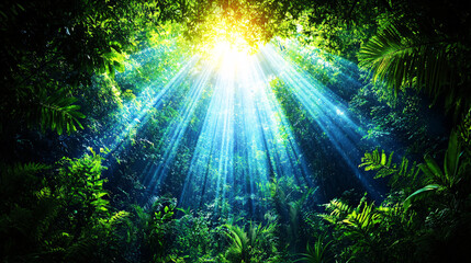 vibrant coastal rainforest with sunlight streaming through trees, creating magical atmosphere. lush greenery and beams of light evoke sense of tranquility and wonder