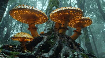 Glowing mushrooms cluster at forest base in misty woods.