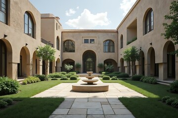 Fototapeta premium Elegant Courtyard with Fountain Surrounded by Lush Greenery