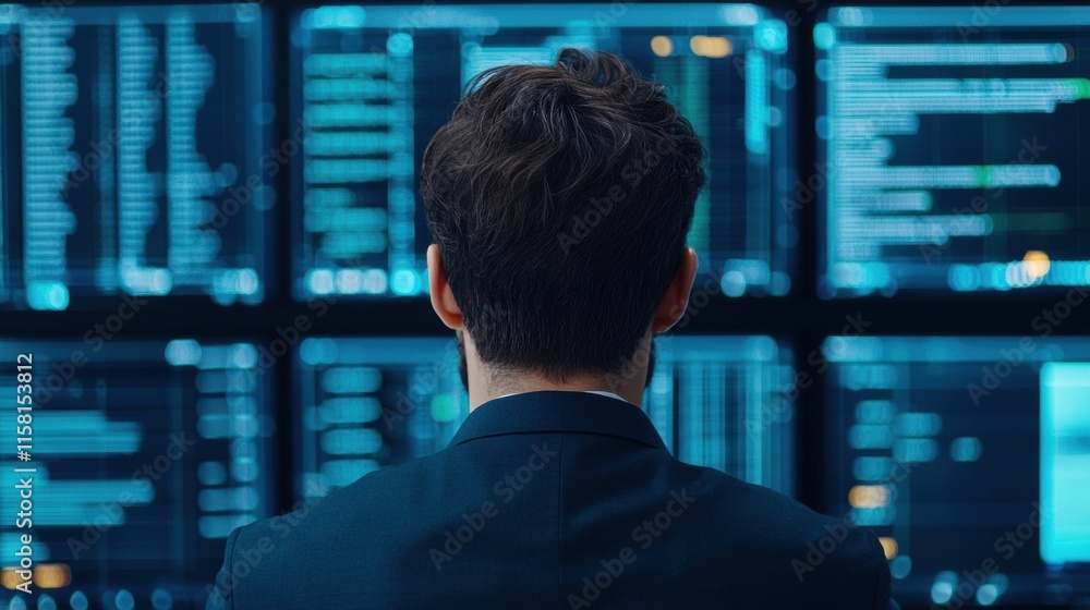Aufkleber Businessman analyzing virtual data stream on multiple computer screens