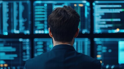 Businessman analyzing virtual data stream on multiple computer screens