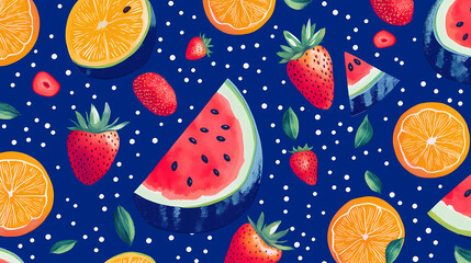 Watermelon, strawberry, and orange segments scattered on a bold cobalt blue background with tiny polka dots. Cobalt. Illustration