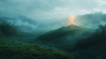 A glowing cross stands on a hill amidst a foggy landscape, evoking a serene and spiritual atmosphere.