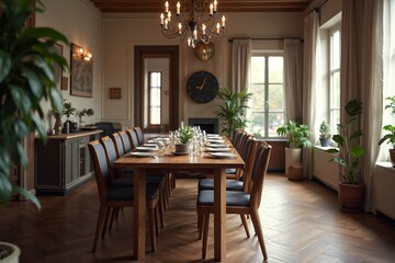 Elegant Dining Room with Wooden Table and Green Plants