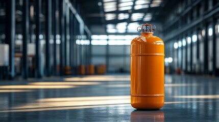 A bright orange gas cylinder stands in an industrial setting, casting shadows on the polished floor beneath the high ceiling and large windows.