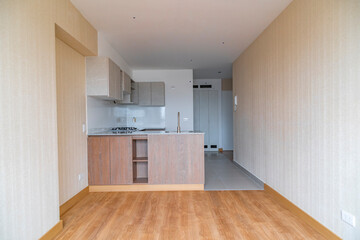 vista interna a Sala de departamento flat con kitchenette moderno