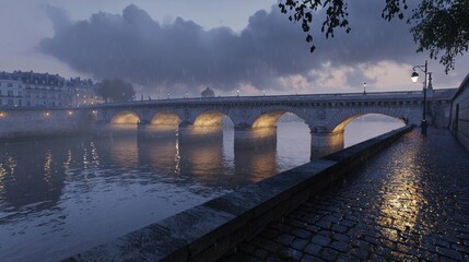 Obraz premium A serene riverside scene featuring a bridge under a cloudy, rainy sky at dusk.