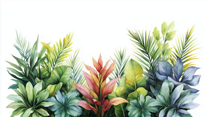 Fototapeta premium Tropical Rainforest Jungle Plants in Watercolor on White Background | monstera | Hibiscus | pothos | palm leaves