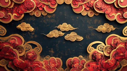 Elegant Paper Art Decoration with Red Flowers and Golden Clouds
