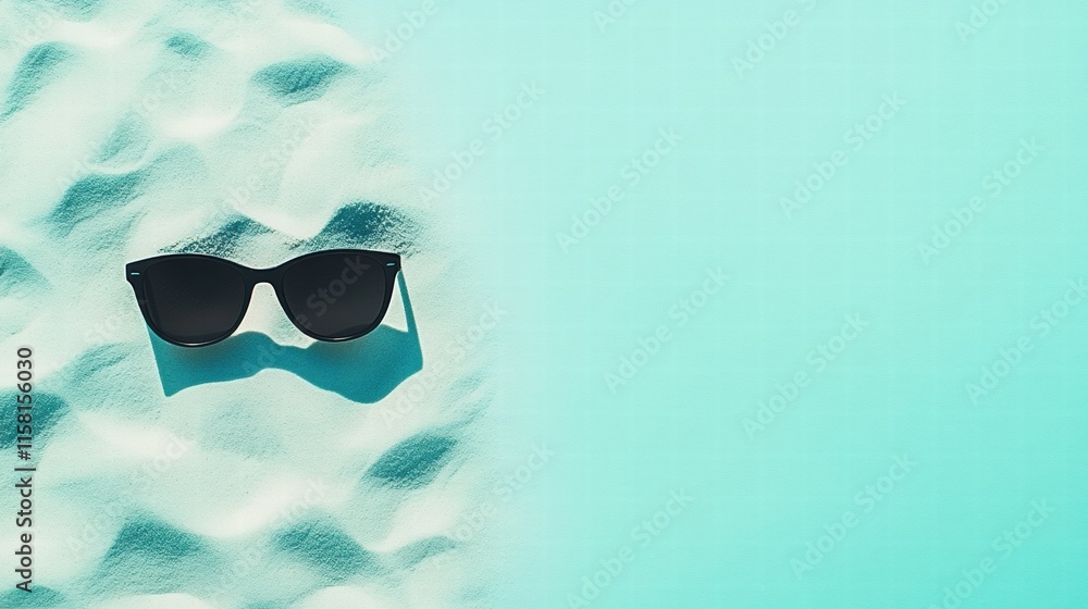 Aufkleber Sunglasses resting on soft sand with turquoise water background and ample space for text or design. Generative AI