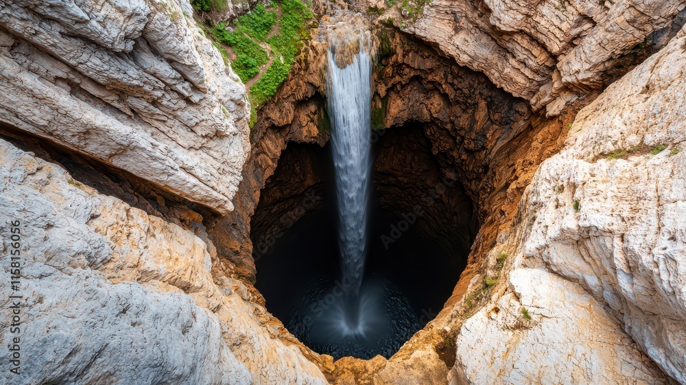 Poster a waterfall flows into a dark pit, representing natural power and mystery. surrealistic image for me