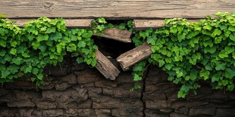 A scenic view of a broken bridge crossing over pit, adorned with vines. Surrealistic image for metaphor.