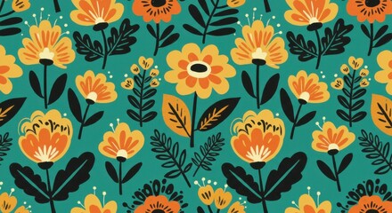 "Whimsical Folk Art Floral Pattern on Turquoise"