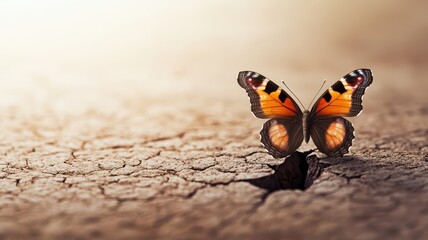 Obraz premium A butterfly emerging from a hole in a barren landscape. Surrealistic image for metaphor.