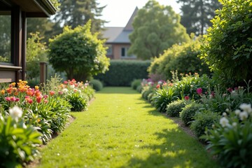 Fototapeta premium Lush Garden Pathway with Colorful Flowers in Bright Sunlight