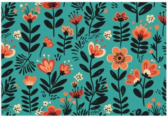 "Whimsical Folk Art Floral Pattern on Turquoise"