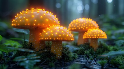 Glowing orange mushrooms in a dark forest.