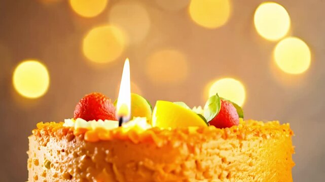 Tropical mango cake celebration video with tilt down camera movement and rim light