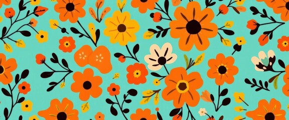 "Whimsical Folk Art Floral Pattern on Turquoise"