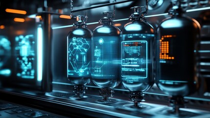 High-tech glass vials with glowing digital interfaces in a futuristic laboratory setting.