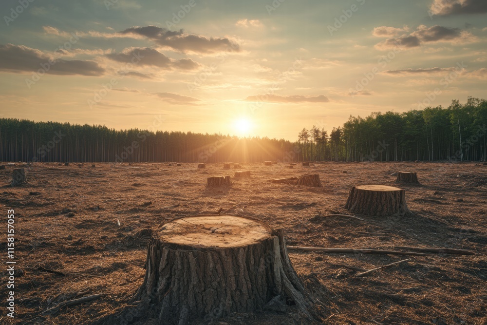 Aufkleber deforestation reveals tree stumps under a setting sun in a vast cleared landscape. generative ai