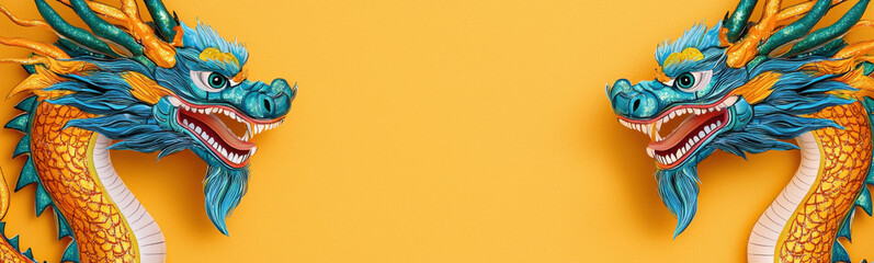 Two vibrant dragon heads facing each other on yellow background